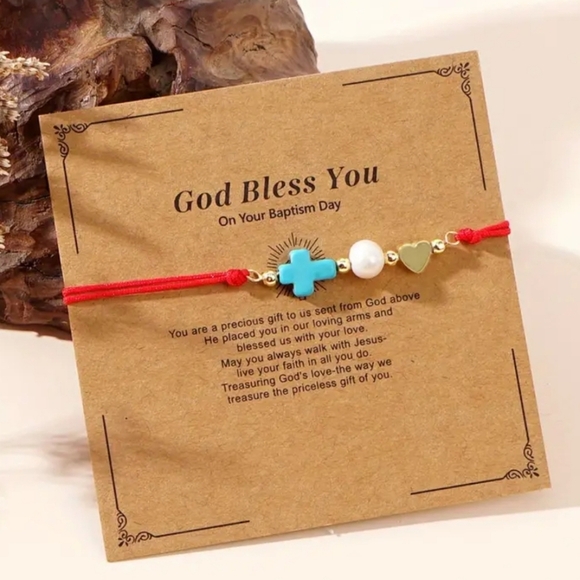 NEW! Adjustable Red Thread Bracelet with Turquoise-Colored Cross - Picture 1 of 7